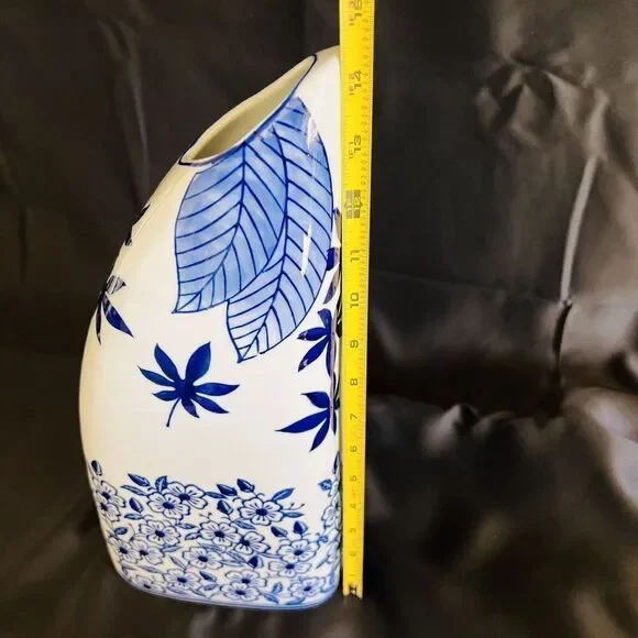 14.5” Tall Blue White Chinoiserie Floral Flower Leaf Porcelain Vase Unique Form
